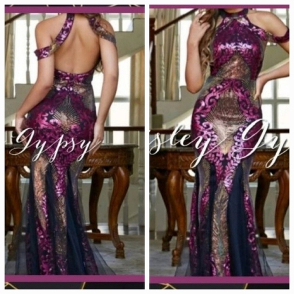 MULTICOLOR PLANTS PATTERN SEQUINED HALTER MERMAID GOWN - Picture 1 of 10